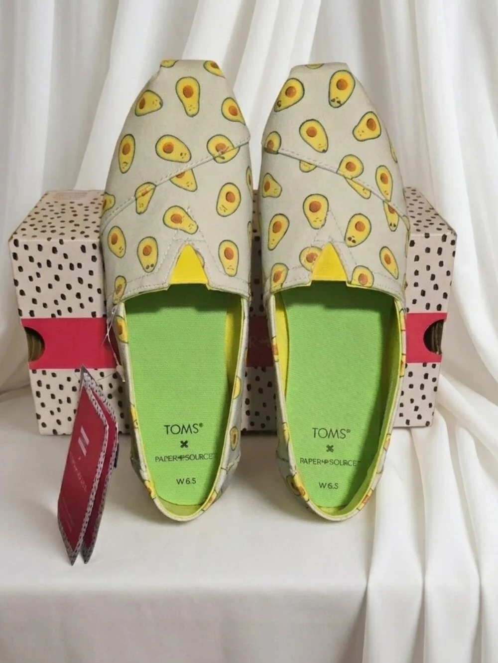Toms X Paper Source slip-on shoes featuring a limited-edition avocado print.